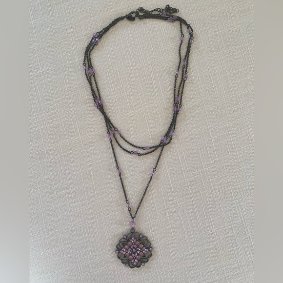 Purple Crystal and Black/Antiqued Brass Chain Multi-Strand Fashion Necklace - Picture 1 of 4